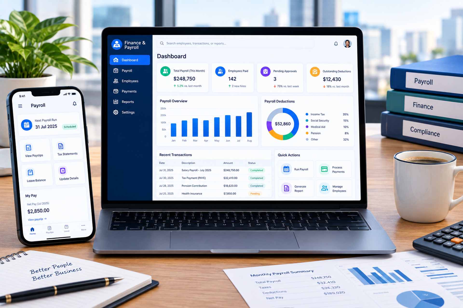 A finance and payroll dashboard shown on a laptop in an office