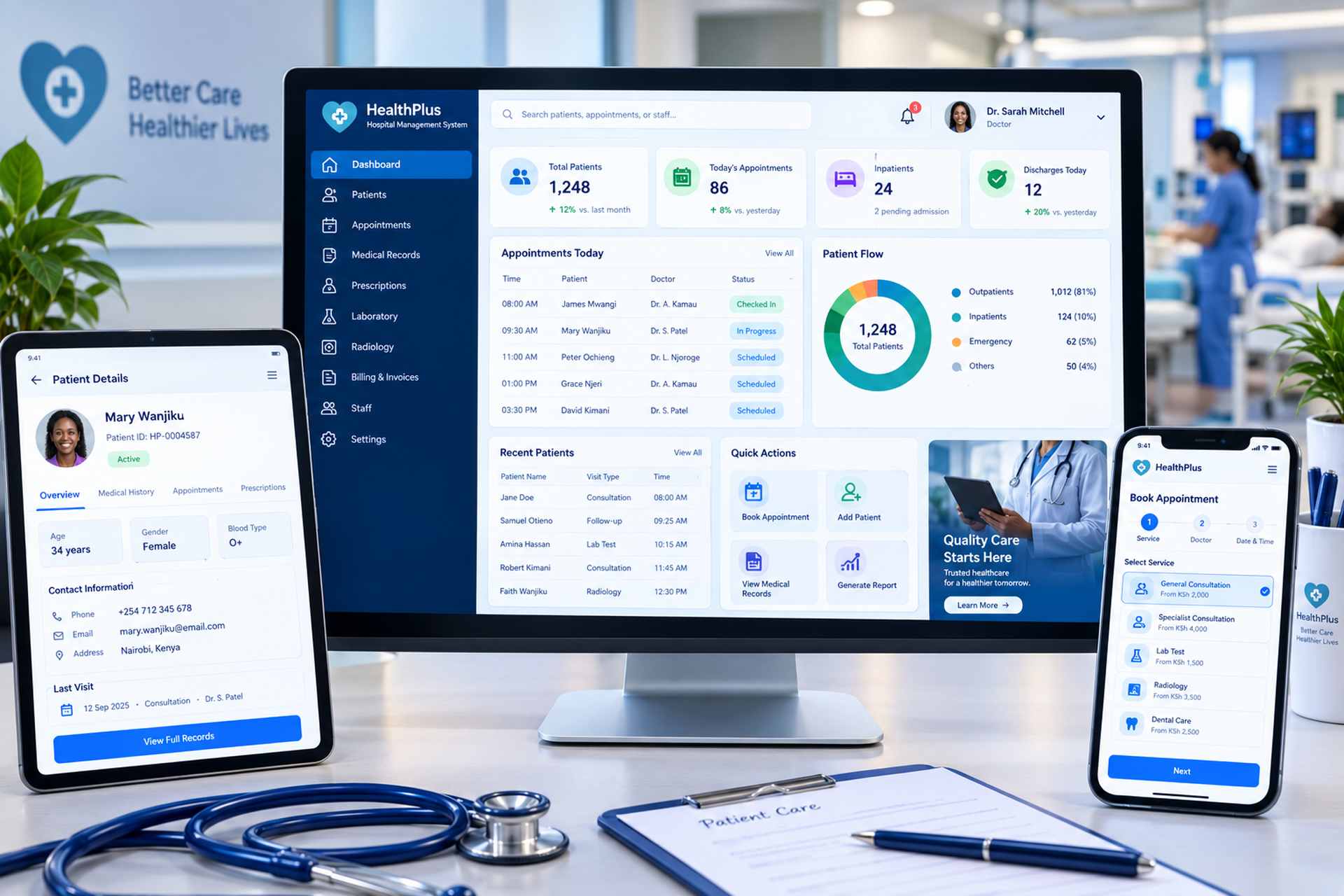 A hospital management dashboard shown across devices in a clinical setting