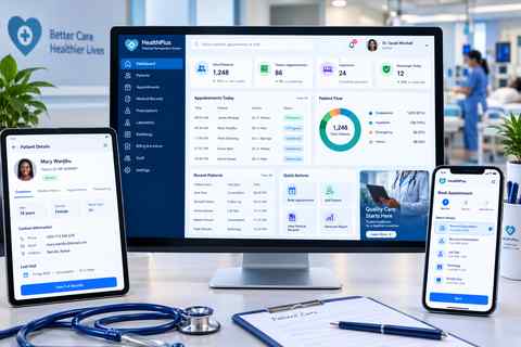 A hospital management dashboard shown across devices in a clinical setting
