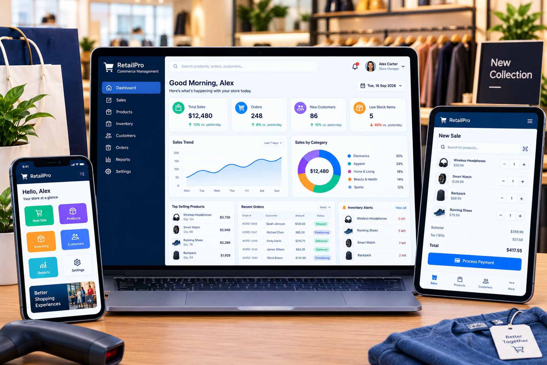 A retail point-of-sale dashboard shown across devices in a shop