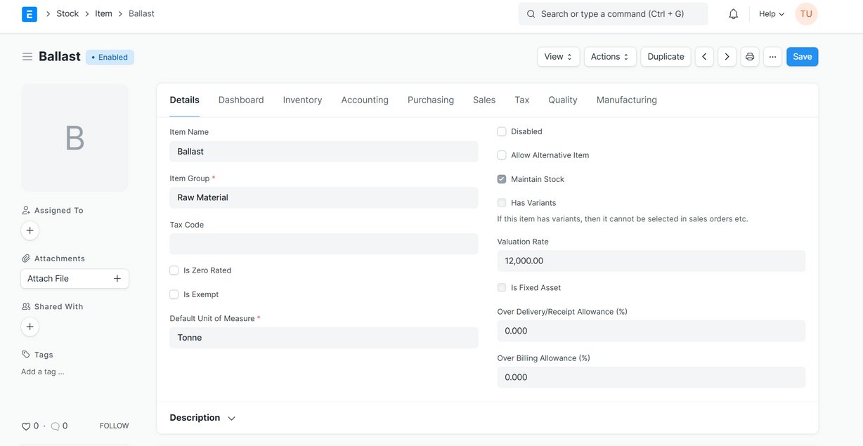 Construction inventory record for a raw material item with stock valuation