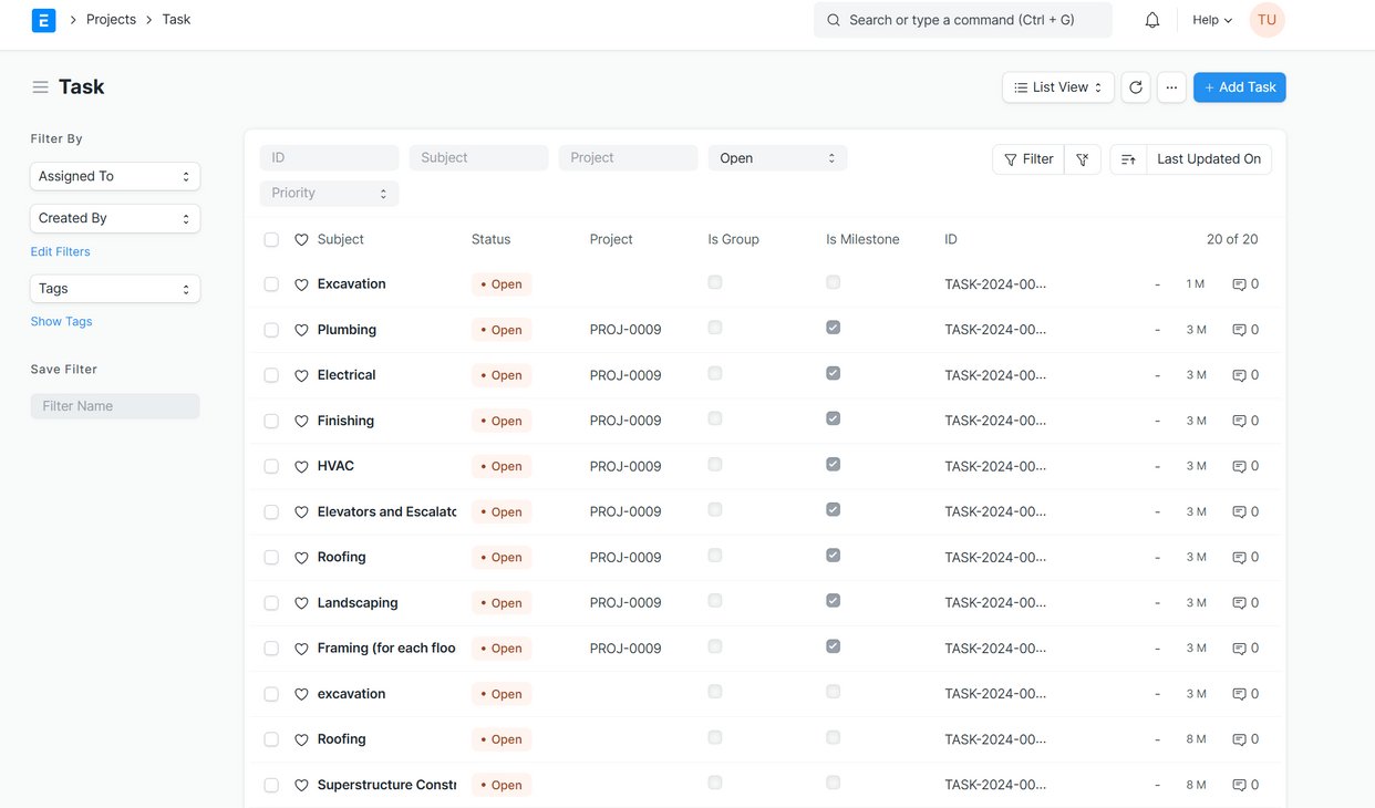 Zinen construction management system showing an open task list across project phases