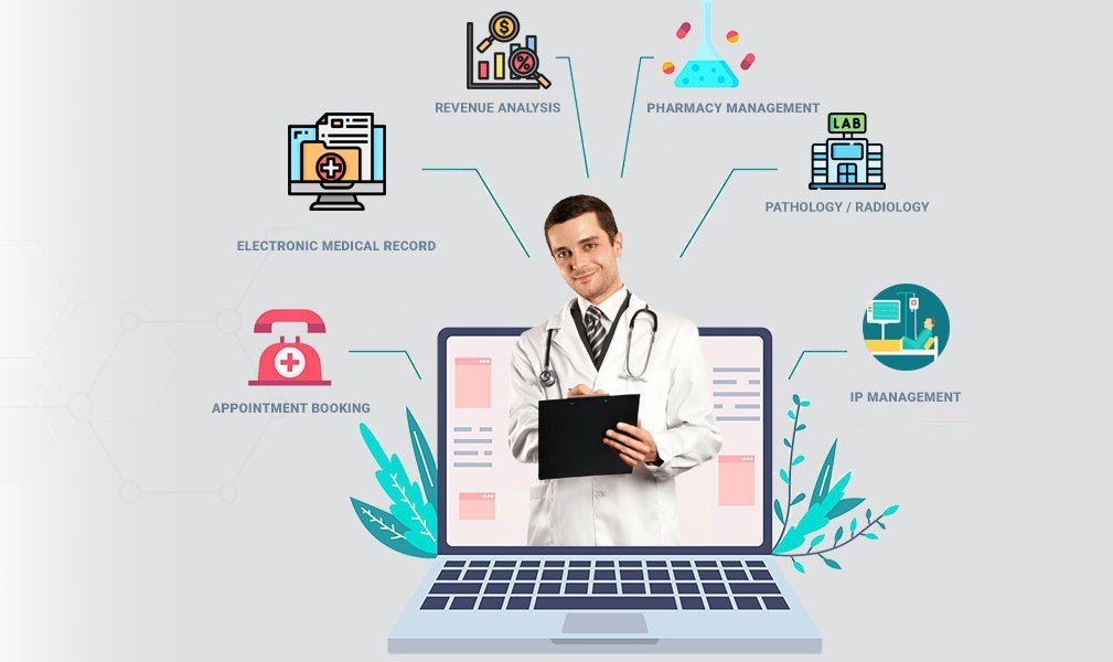 Doctor with a laptop dashboard showing electronic medical records, pharmacy and appointment booking modules