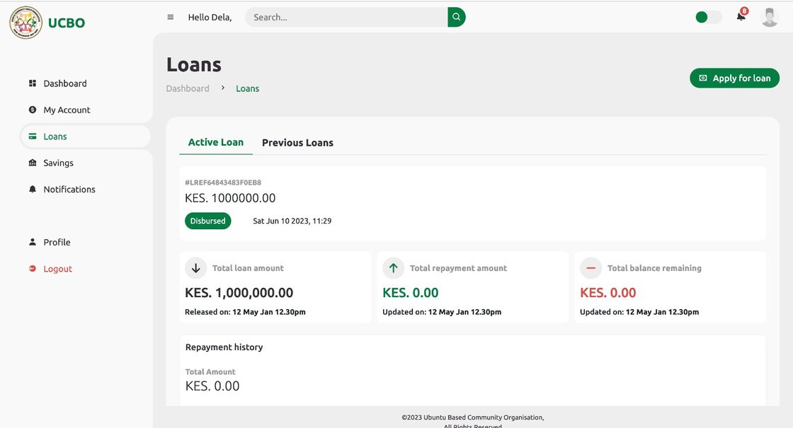UBCO member dashboard showing an active loan of KES 1,000,000 with repayment history