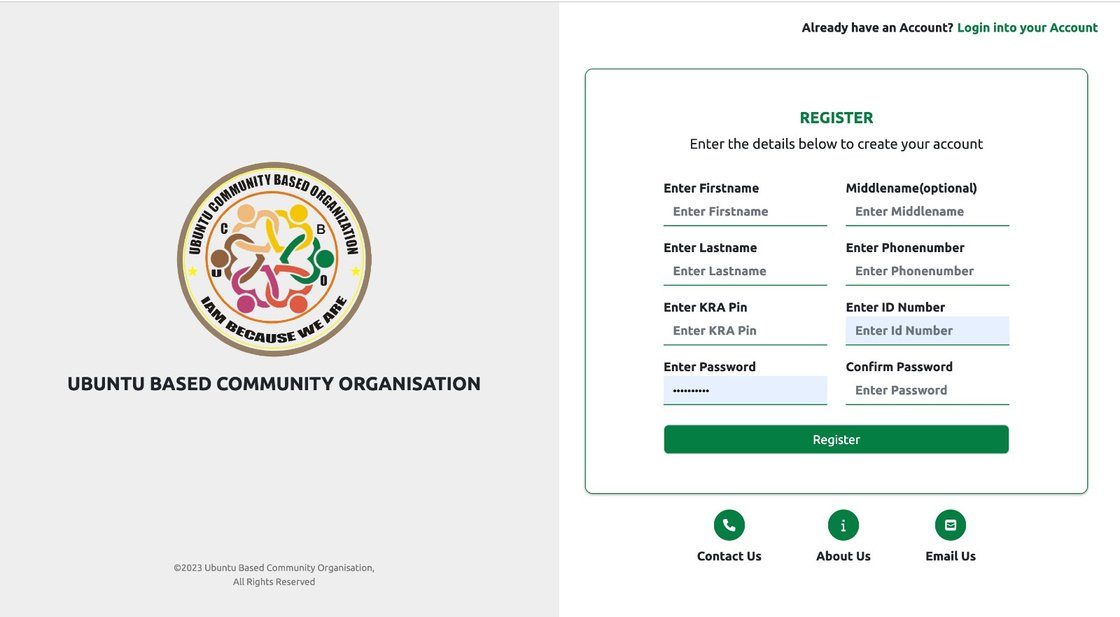 UBCO member registration form collecting name, KRA PIN, ID number and password