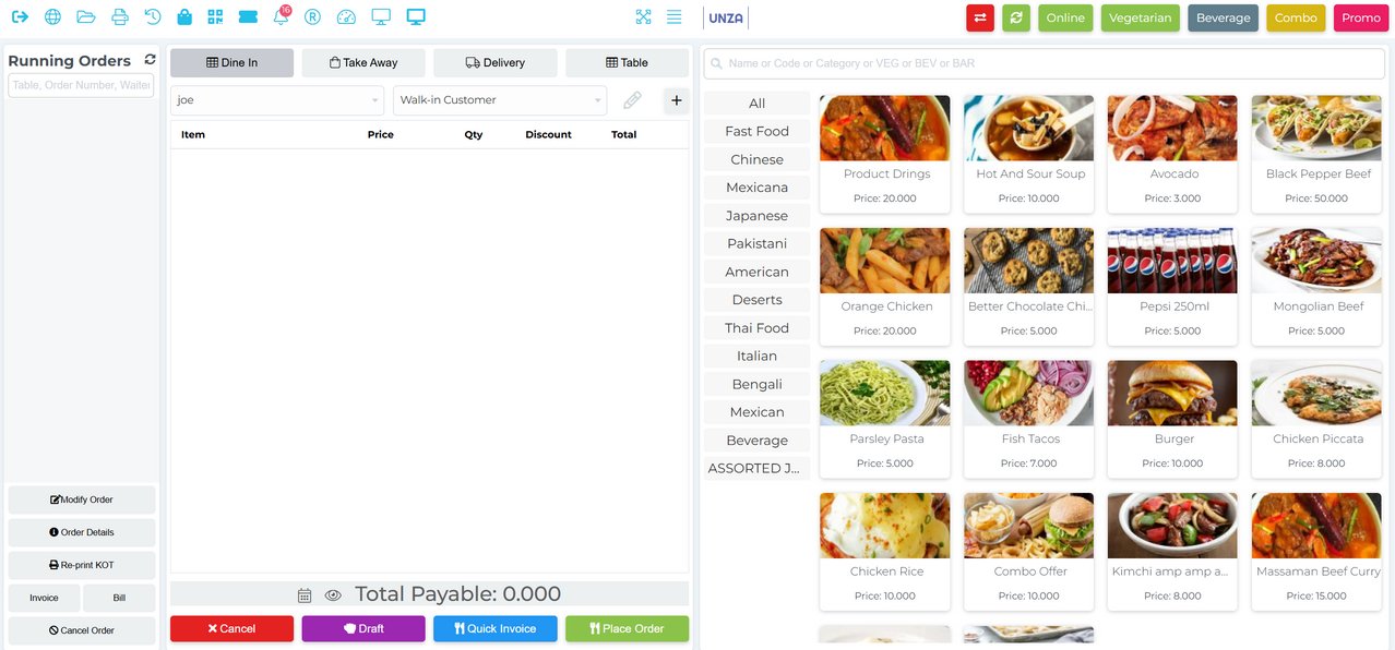 Zinen restaurant POS screen showing a live order with menu categories and running total